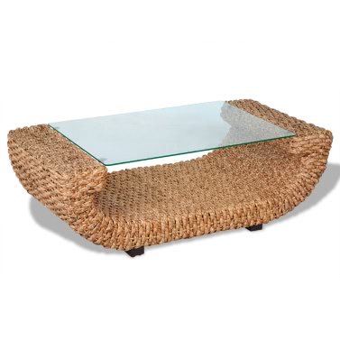 Ручной сплетенный водяной гиацинт Журнальный столик со стеклянной столешницей