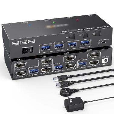 KVM-переключатель на два монитора KVM-переключатель с поддержкой USB 3.0 и HDMI 2 монитора 3 компьютера 4K при 60 Гц, 2K при 144 Гц, эмулятор EDID, KVM-переключатель на два монитора с 4 портами USB 3.0, в комплект входит проводной пульт дистанционного управления и кабели