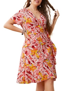 Женское платье больших размеров с цветочным принтом и V-образным вырезом, с короткими рукавами, повседневное платье