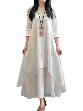 Новая мода женщины вскользь свободные платья с длинным рукавом Твердые Хлопок Лен Boho Длинные платья макси
