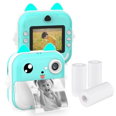Портативная детская детская камера с мгновенной термопечатью, цифровая камера с экраном 2,4 дюйма, фотоселфи HD-видео, термопечать без чернил с 3 рулонами белой бумаги для печати