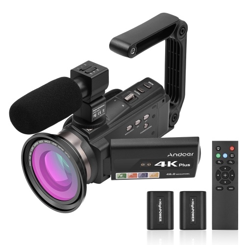 Комплект цифровой видеокамеры Andoer 4K/60FPS 48MP WiFi 1 видеокамера + 1 микрофон + 1 пульт дистанционного управления + 2 батареи + 1 объектив камеры с 16-кратным зумом 3-дюймовый сенсорный экран ИК-инфракрасный ночной прицел Крепление для холодного башмака