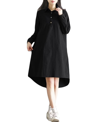 Мода плюс размер Maxi Хлопок платье Отверстие воротник кнопки Привет Low Hem с длинными рукавами Robe Loose Dress Green / Black