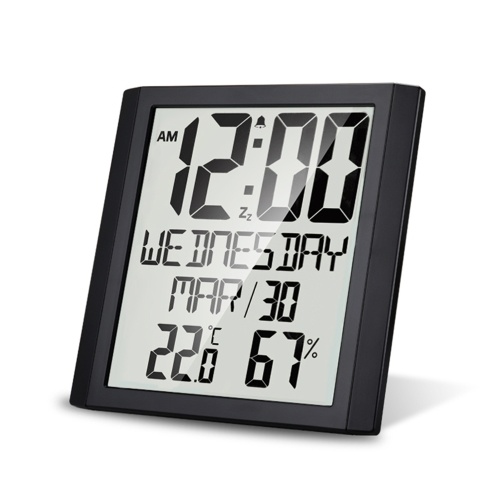 Цифровые настенные часы с температурой и влажностью 8,6 '' Большой дисплей Время / дата / неделя Будильник и отвод oo / ℉ Выбираемый внутренний термогигрометр Точный погодный монитор для домашнего офиса (черный)
