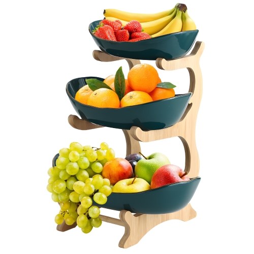 3-х уровневая корзина с фруктами для кухни Керамическая ваза для фруктов с подставкой из бамбукового дерева Простая установка 3-х уровневая сервировочная подставка Закуски Десерт Поднос для торта Стойка для тарелок для свадебного шведского стола