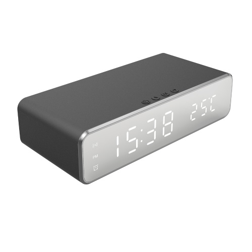 Цифровой будильник для спальни Электронные часы с беспроводной зарядкой для телефона Гарнитура Термометр Температура Отображение даты 3 будильника 12/24-часовой светодиодный зеркальный экран Зарядка через USB для офиса в спальне